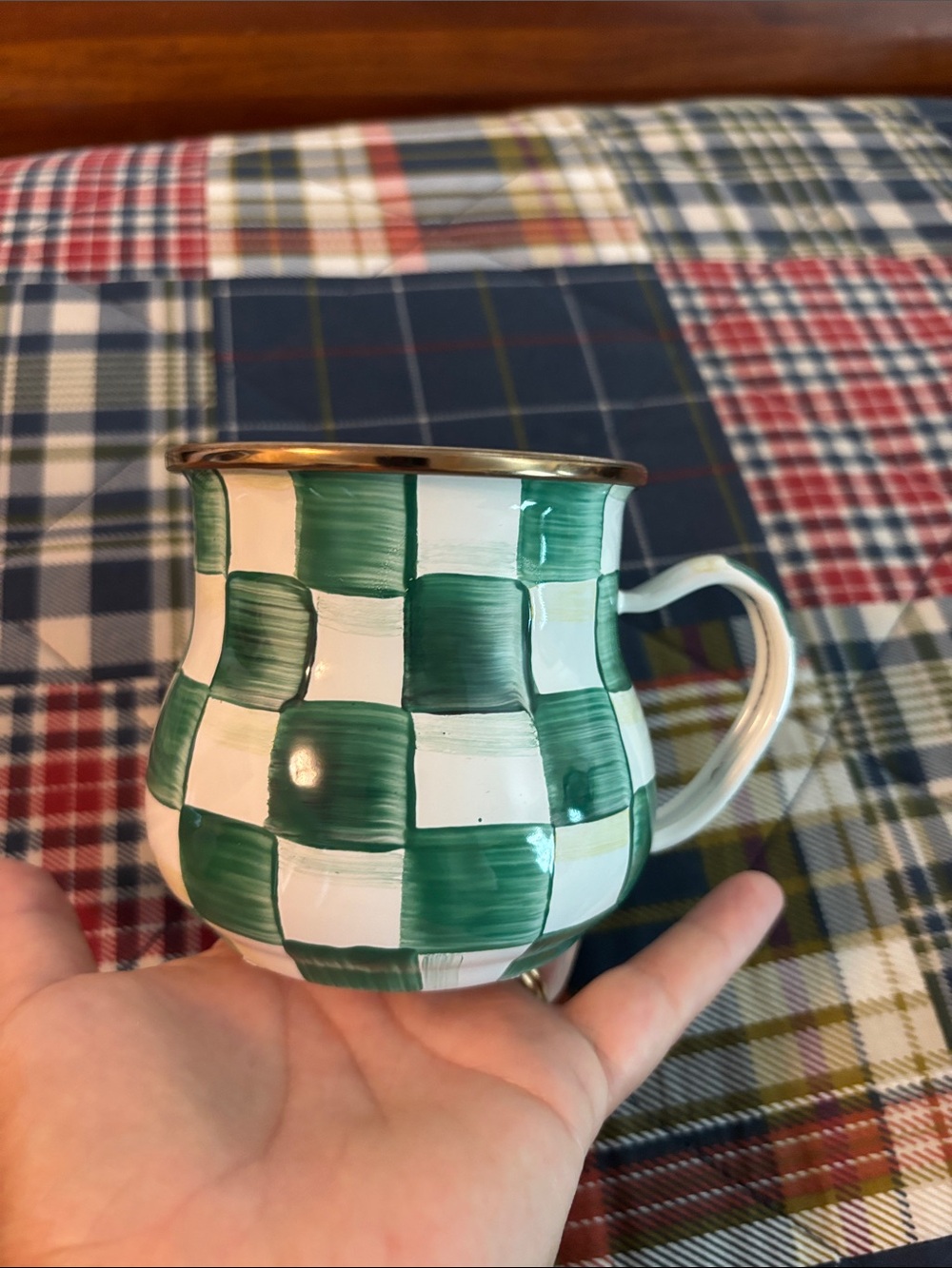 MacKenzie-Childs Emerald Check Mug with Gold Rim